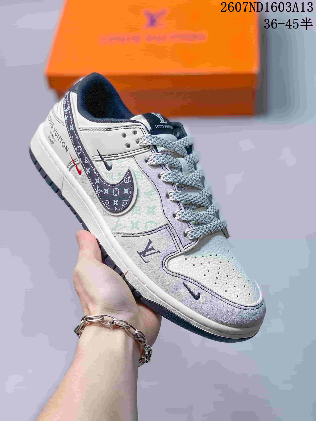 Nike SB Dunk Low LV Print Sneakers in Beige Gray Gold - product image from the listing.