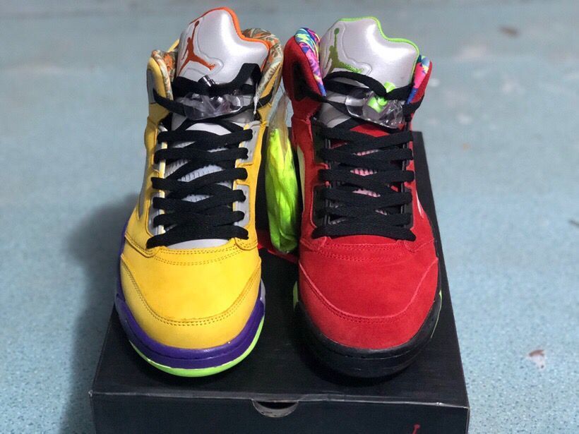Jordan 5 30th Anniversary Sneakers, Yellow/Purple & in Red - product image from the listing.