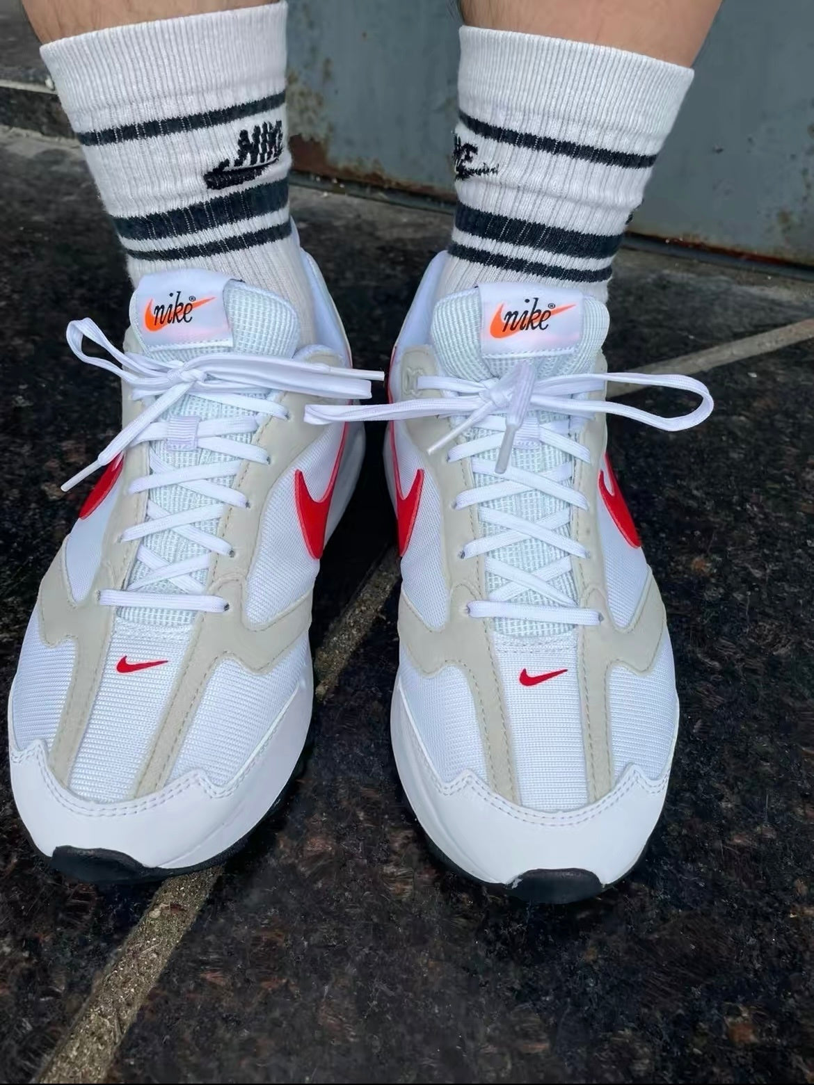 Nike Air Max Dawn Sneakers in White Red Blue DM0013-100 - product image from the listing.