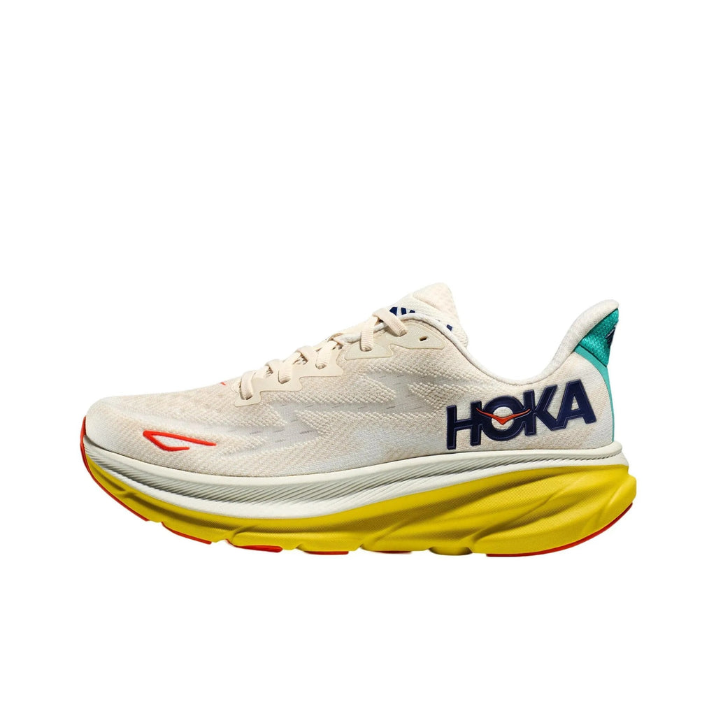Cream and Yellow HOKA Clifton 9 Running Shoes - product image from the listing.
