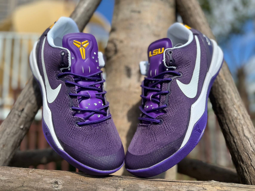 Nike Kobe 8 LSU Away Basketball Shoes, in Purple and Gold - product image from the listing.