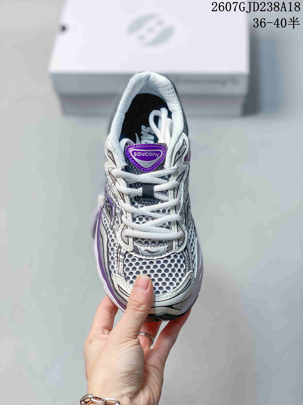 Saucony Progrid Omni 9 Sneakers in White Gray Purple - product image from the listing.