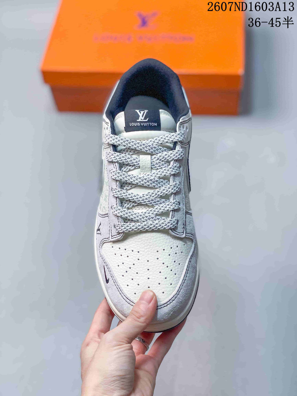 Nike SB Dunk Low LV Print Sneakers in Beige Gray Gold - product image from the listing.