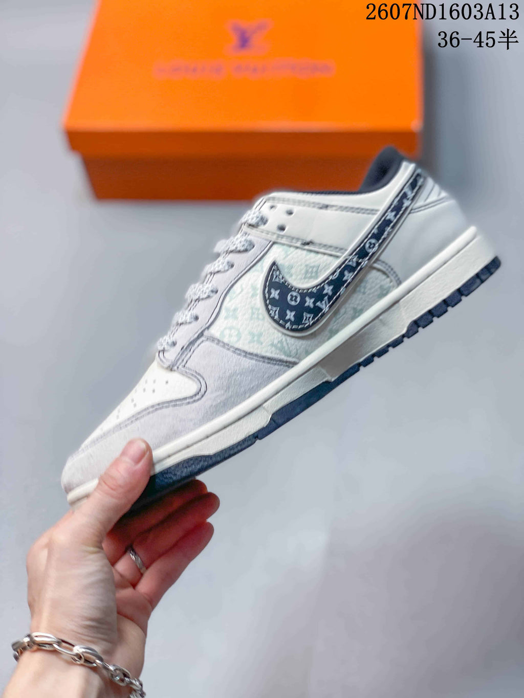 Nike SB Dunk Low LV Print Sneakers in Beige Gray Gold - product image from the listing.