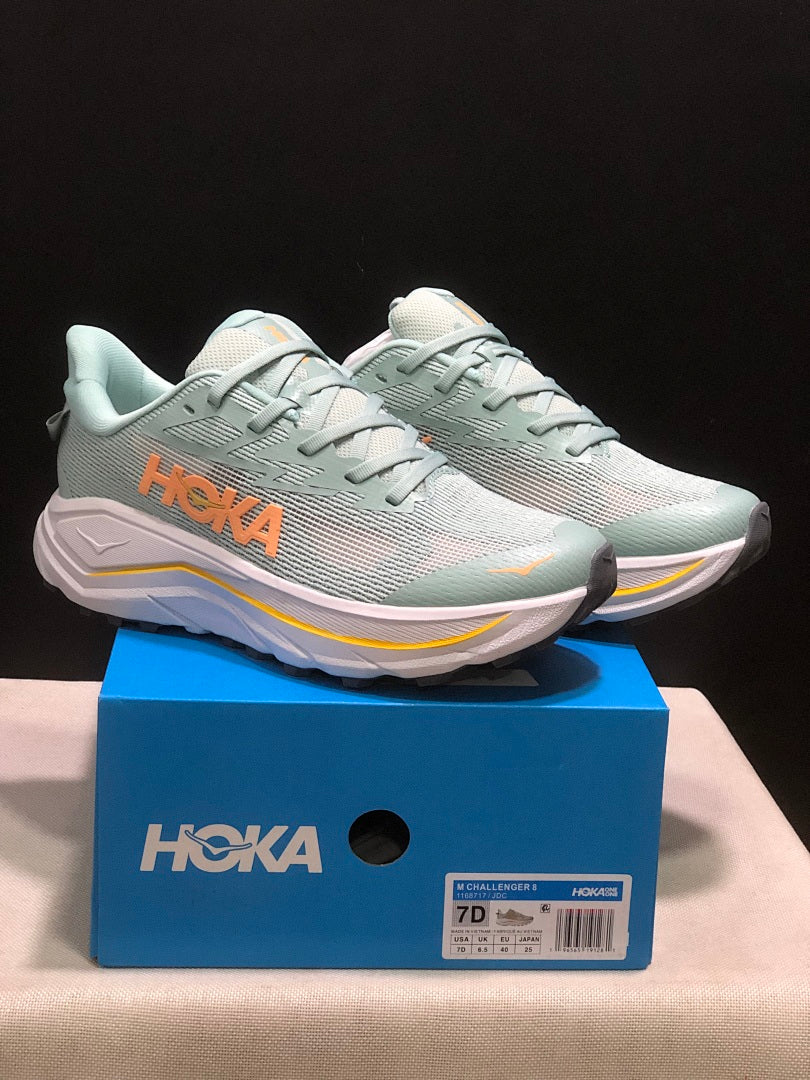 HOKA Challenger 8 Trail Running Shoes, Sage and in Coral - product image from the listing.