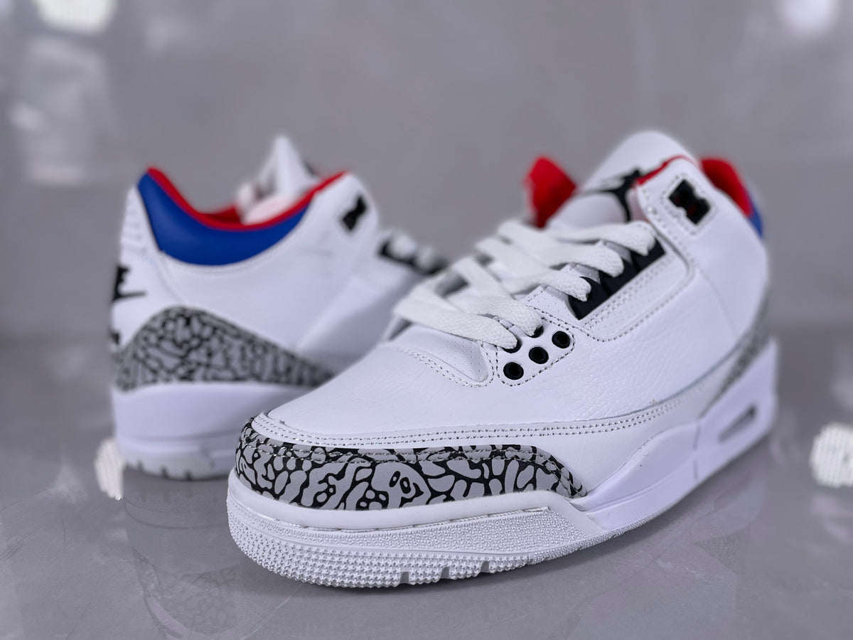 Jordan 3 Retro White Cement Sneakers in White Grey Red Blue - product image from the listing.