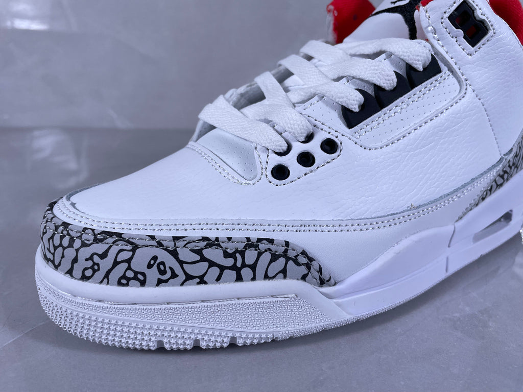 Jordan 3 Retro White Cement Sneakers in White Grey Red Blue - product image from the listing.