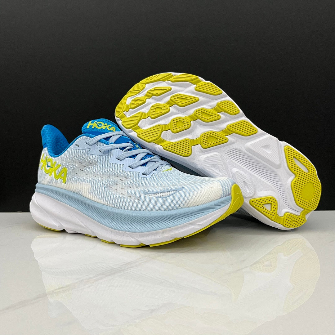 HOKA Clifton 9 Running Shoes, in Pale Blue and Lime - product image from the listing.