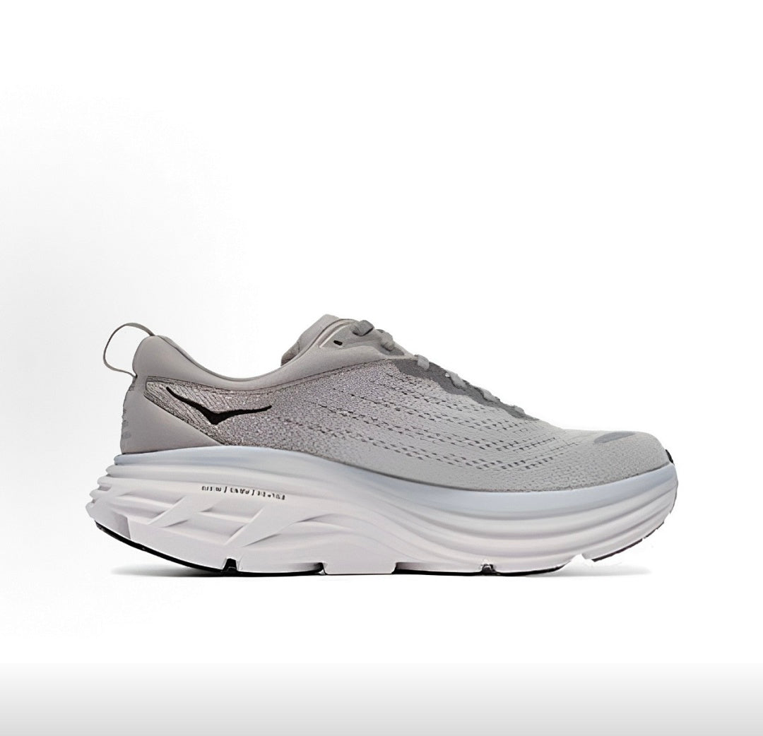 Gray and Black HOKA Bondi 8 Running Shoes - product image from the listing.
