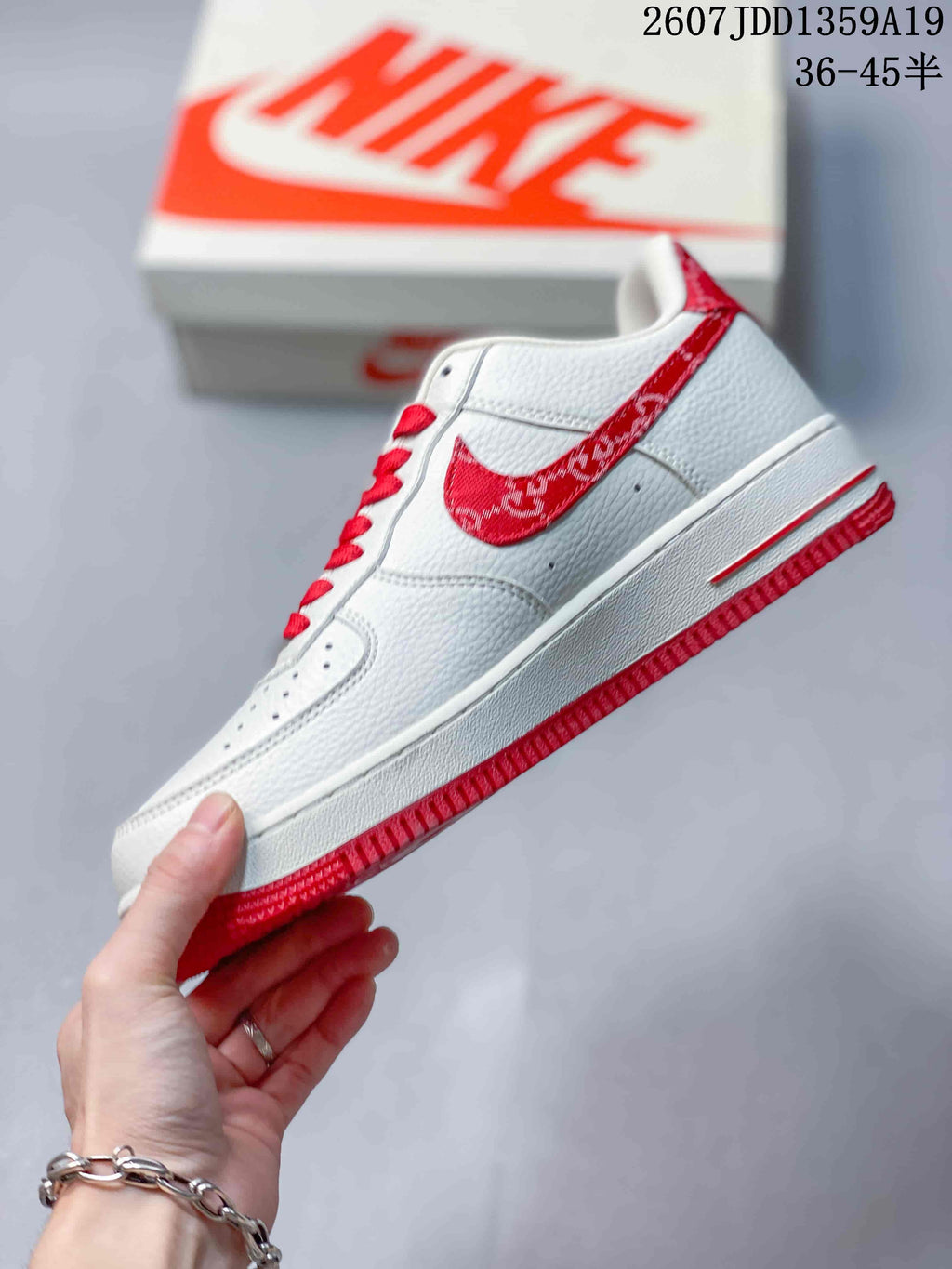 Nike Air Force 1 Low Sneakers in White Red 2607JDD1359A19 - product image from the listing.