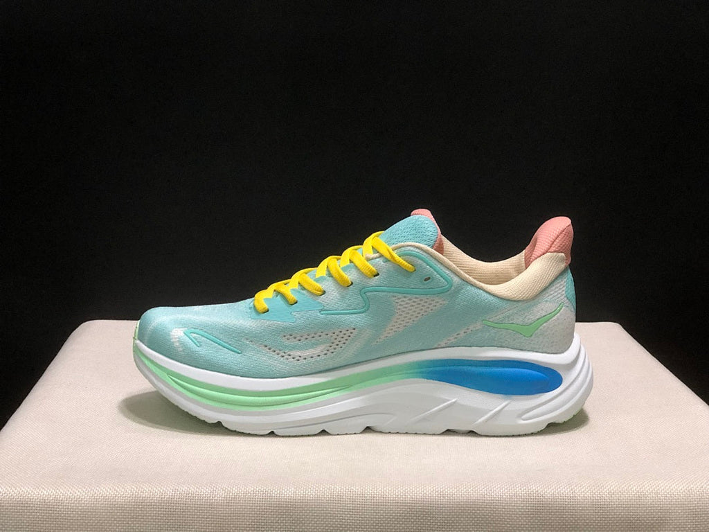 Aqua and Yellow HOKA Clifton 10 Running Shoes - product image from the listing.