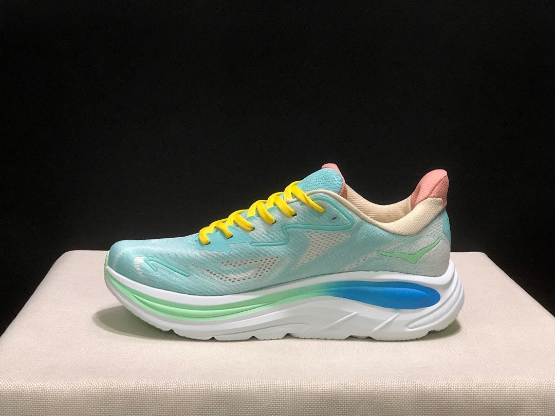 Aqua and Yellow HOKA Clifton 10 Running Shoes - product image from the listing.