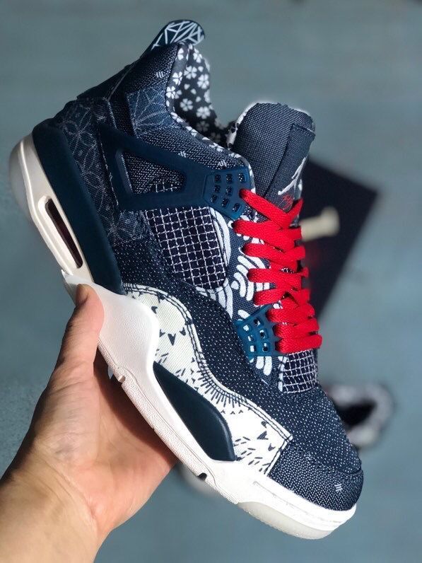 Jordan 4 Sashiko-Style Embroidered Sneakers in Navy - product image from the listing.