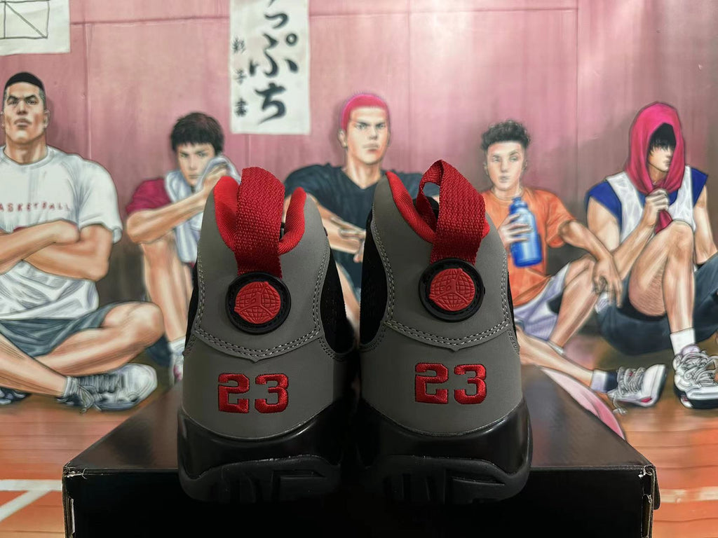 Jordan 9 High-Top Basketball Sneakers in Black Grey Red - product image from the listing.