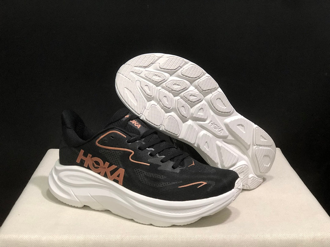 HOKA Clifton 10 Running Shoes, in Black and White - product image from the listing.
