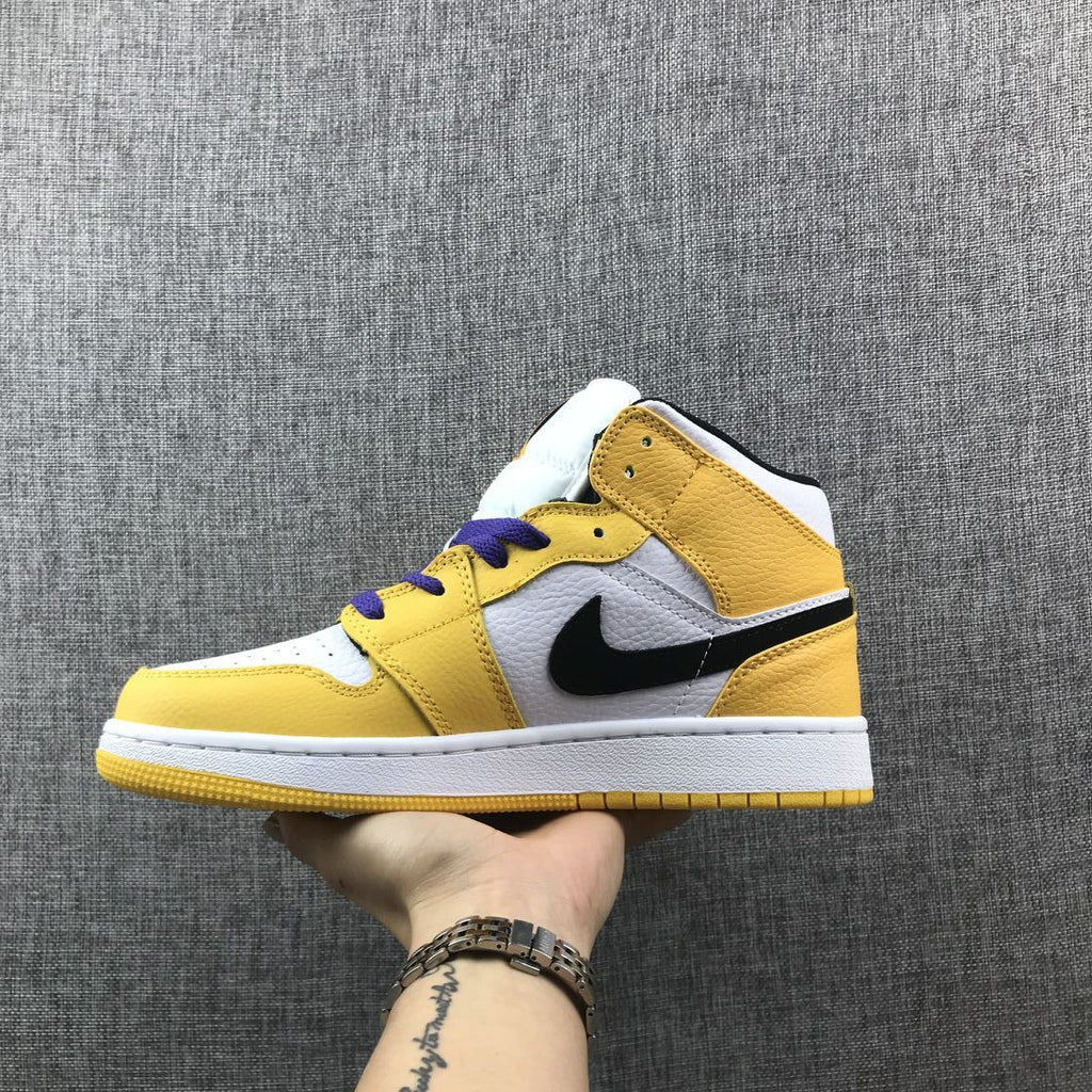 Air Jordan 1 Mid Lakers Sneakers in Yellow and Purple BQ6931-700 - product image from the listing.