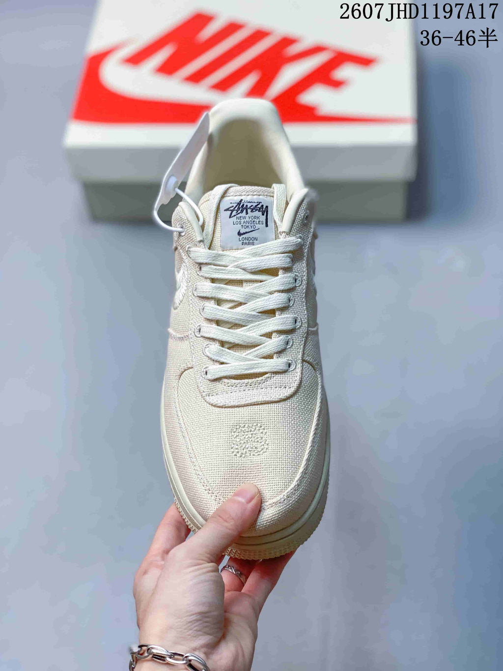 Stussy x Nike Air Force 1 '07 Cream Woven Trainers - product image from the listing.