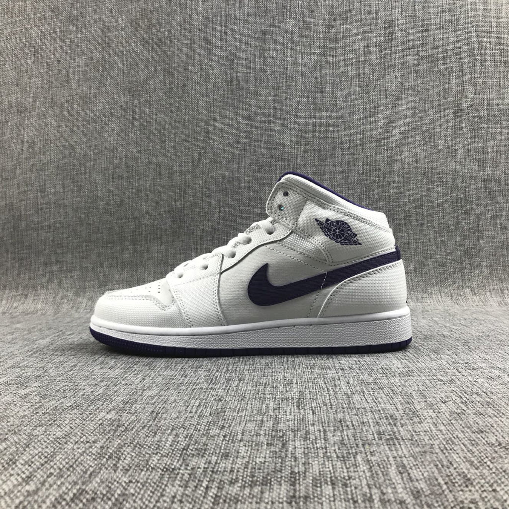 Air Jordan 1 Mid Sneakers in White Purple 332148-137 - product image from the listing.