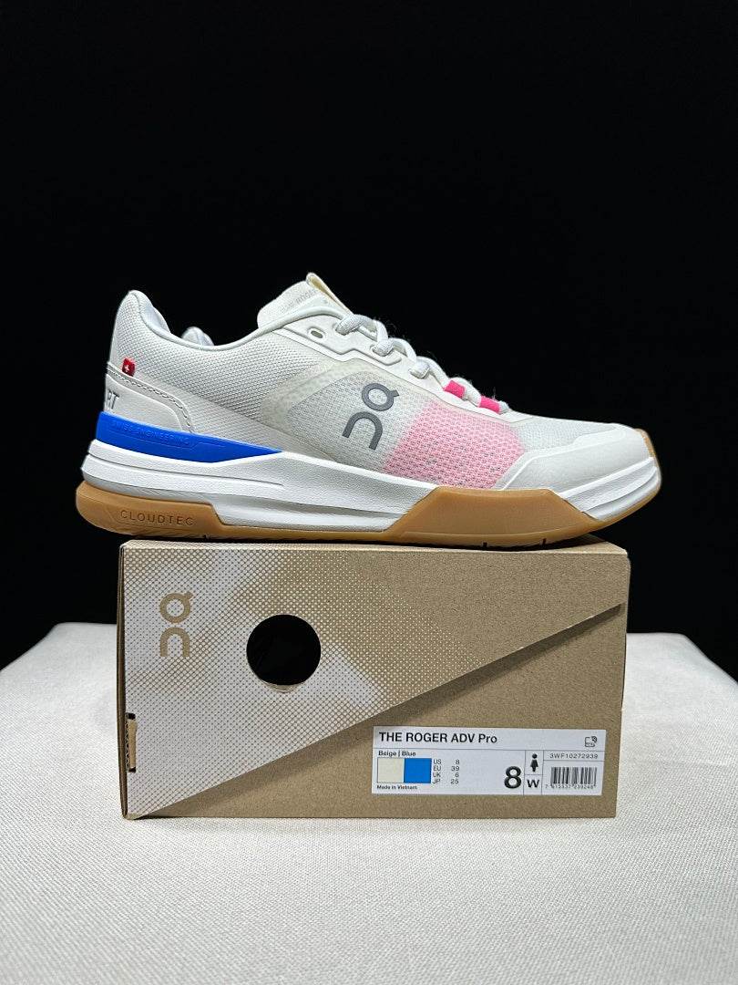On The Roger Advantage Pro Tennis Shoes, in White Blue Pink - product image from the listing.