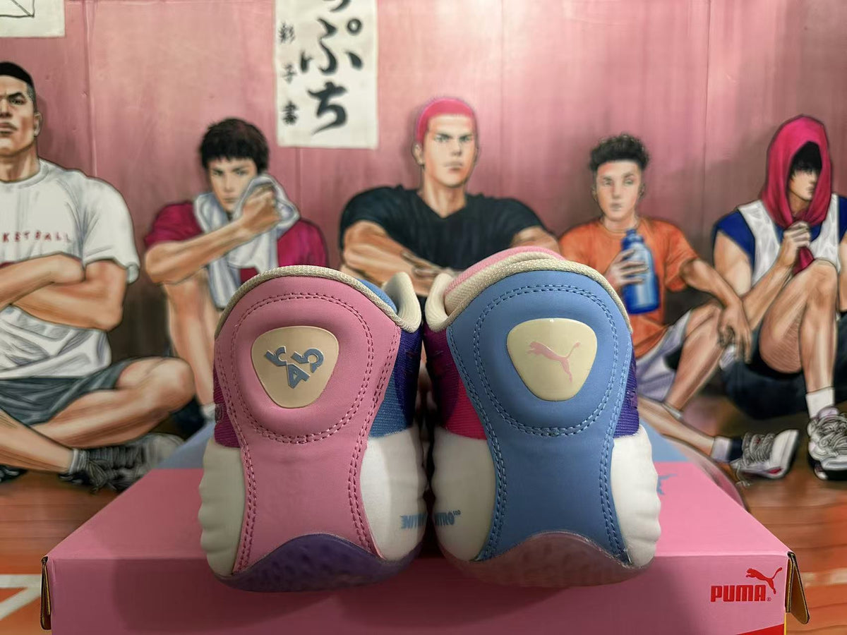 PUMA All-Pro NITRO Basketball Shoes in Pink Blue Yellow - product image from the listing.