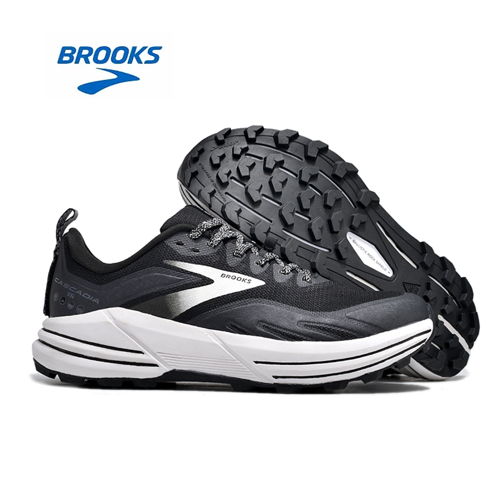 Black and White Brooks Cascadia 16 Trail Running Shoes - product image from the listing.
