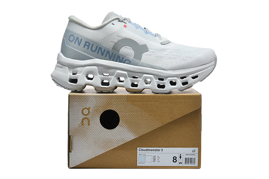 On Cloudmonster 3 Running Shoes in White and Light Blue - product image from the listing.
