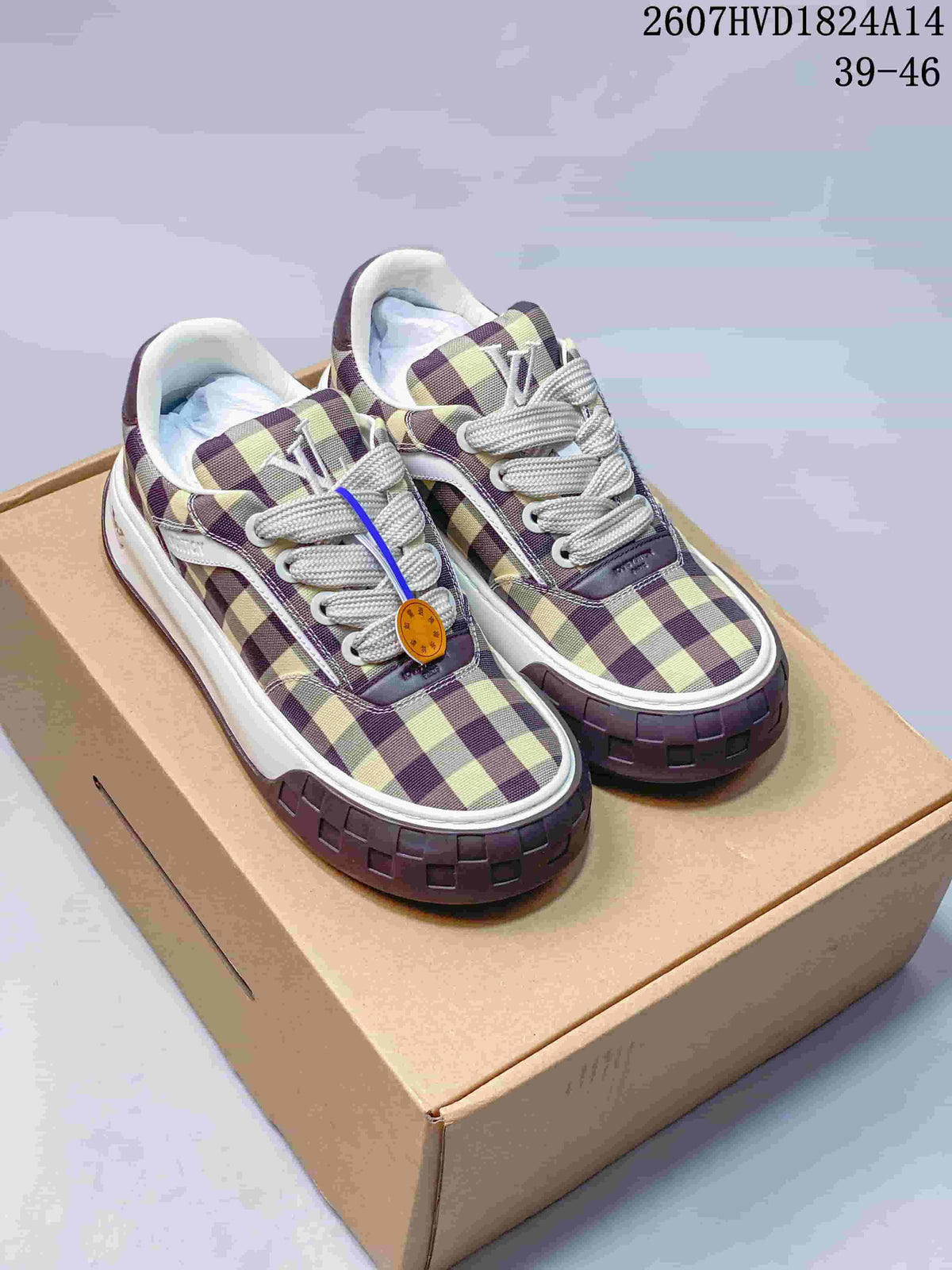 Louis Vuitton Plaid Low-Top Sneakers in Beige and Purple 2607HVD1824A14 - product image from the listing.
