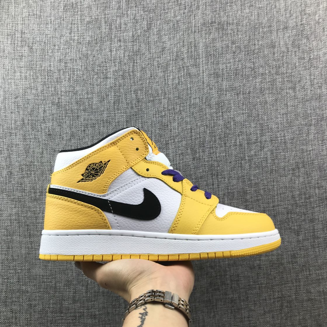Air Jordan 1 Mid Lakers Sneakers in Yellow and Purple BQ6931-700 - product image from the listing.