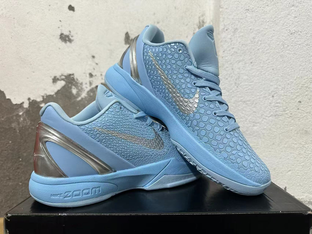 Nike Kobe 6 Protro Basketball Shoes, in Light Blue and Silver - product image from the listing.