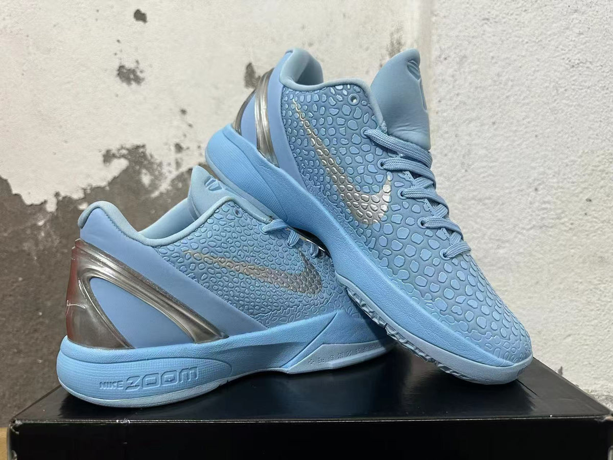 Nike Kobe 6 Protro Basketball Shoes, in Light Blue and Silver - product image from the listing.