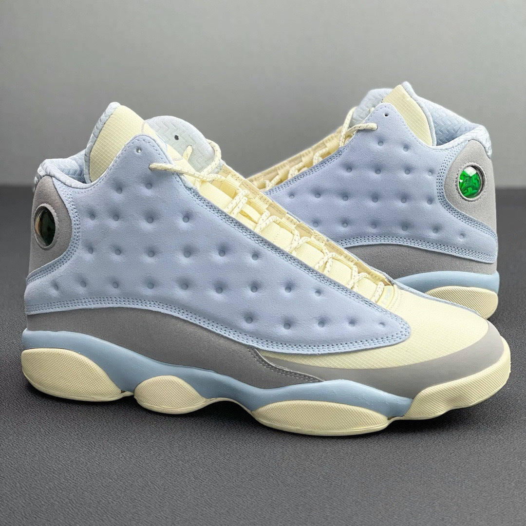 Blue and Cream Jordan 13 SoleFly DX5763-100 Sneakers - product image from the listing.