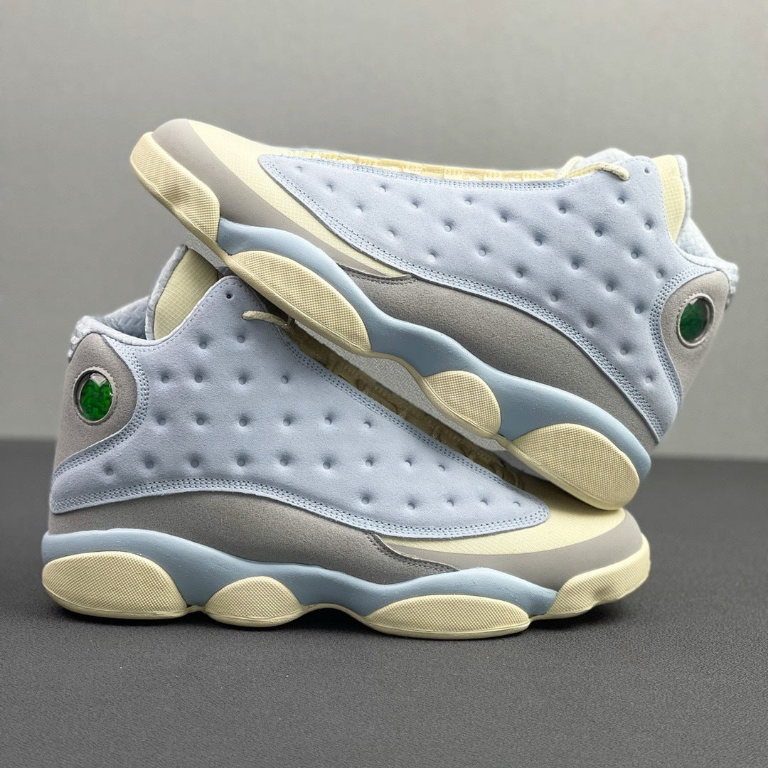 Blue and Cream Jordan 13 SoleFly DX5763-100 Sneakers - product image from the listing.