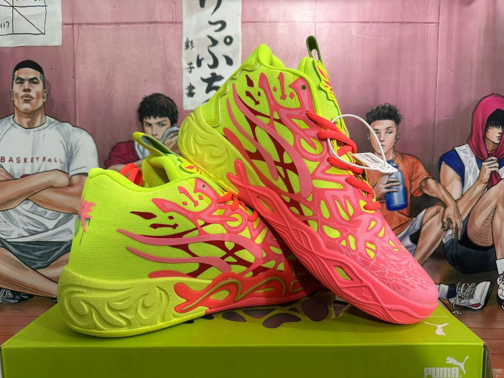 Lime Green and Coral PUMA Basketball Sneakers - product image from the listing.