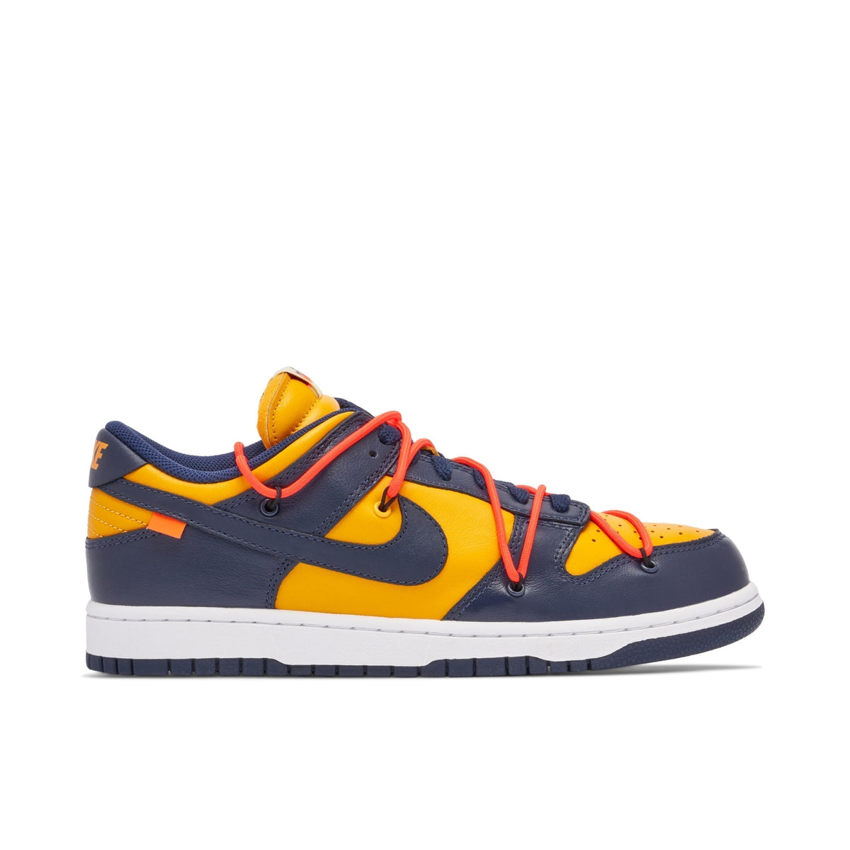 Off-White x Nike SB Dunk Low in University Gold - product image from the listing.